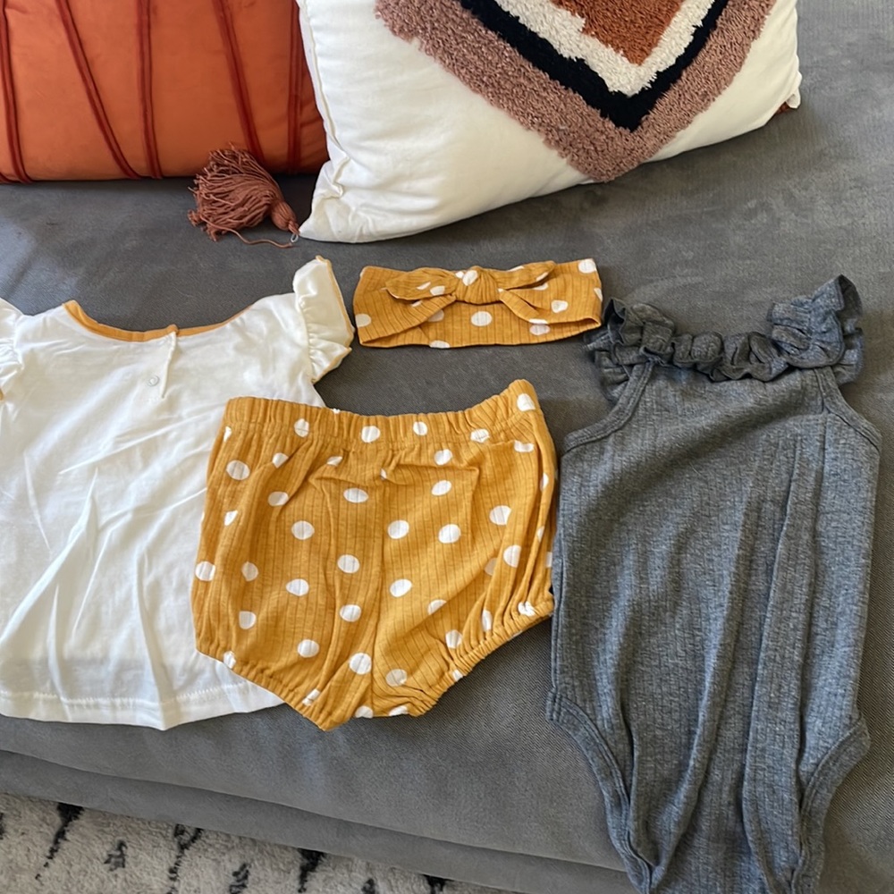NWT 4 Piece Set Mustard Yellow & Gray Onesie, Bloomers, Ruffle Tee and Headband